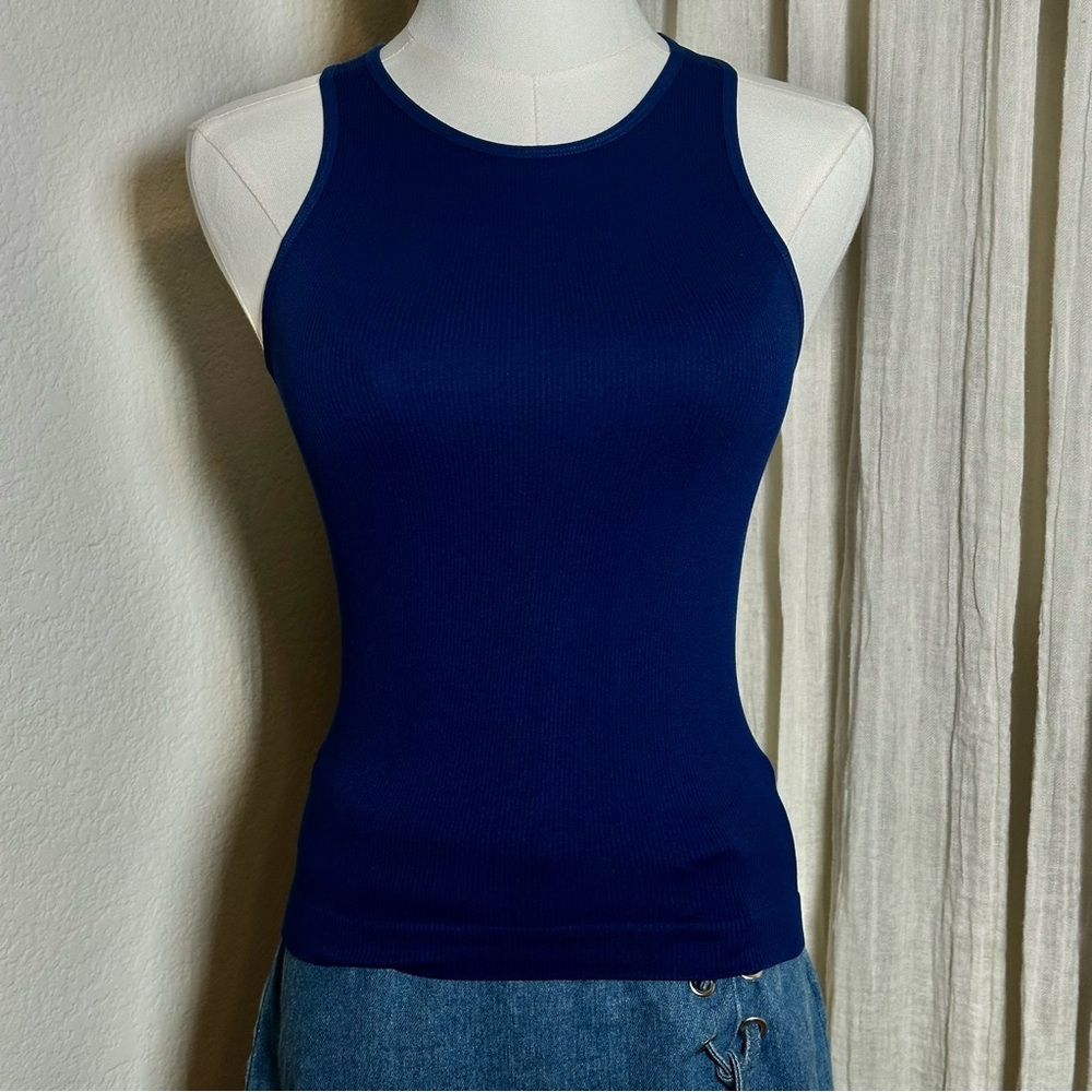 Blue Ribbed High Neck Tank Top – Small - Picture 2 of 3